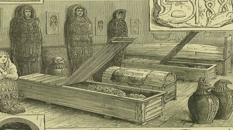 Exhibition of Hawara mummies from the Illustrated London News