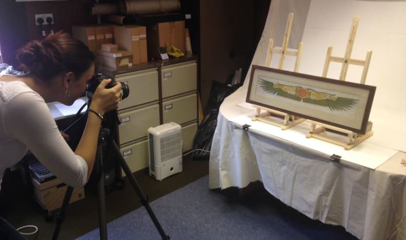 Urska Furlan photographing ART.229, Winged Sun-disk, Deir el-Bahari by Rosalind Paget 