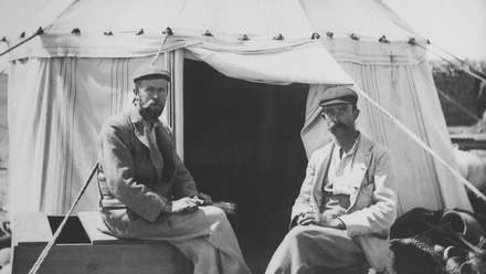 Grenfell and Hunt sit outside their tent during a Graeco-Roman Branch expedition to the Faiyum
