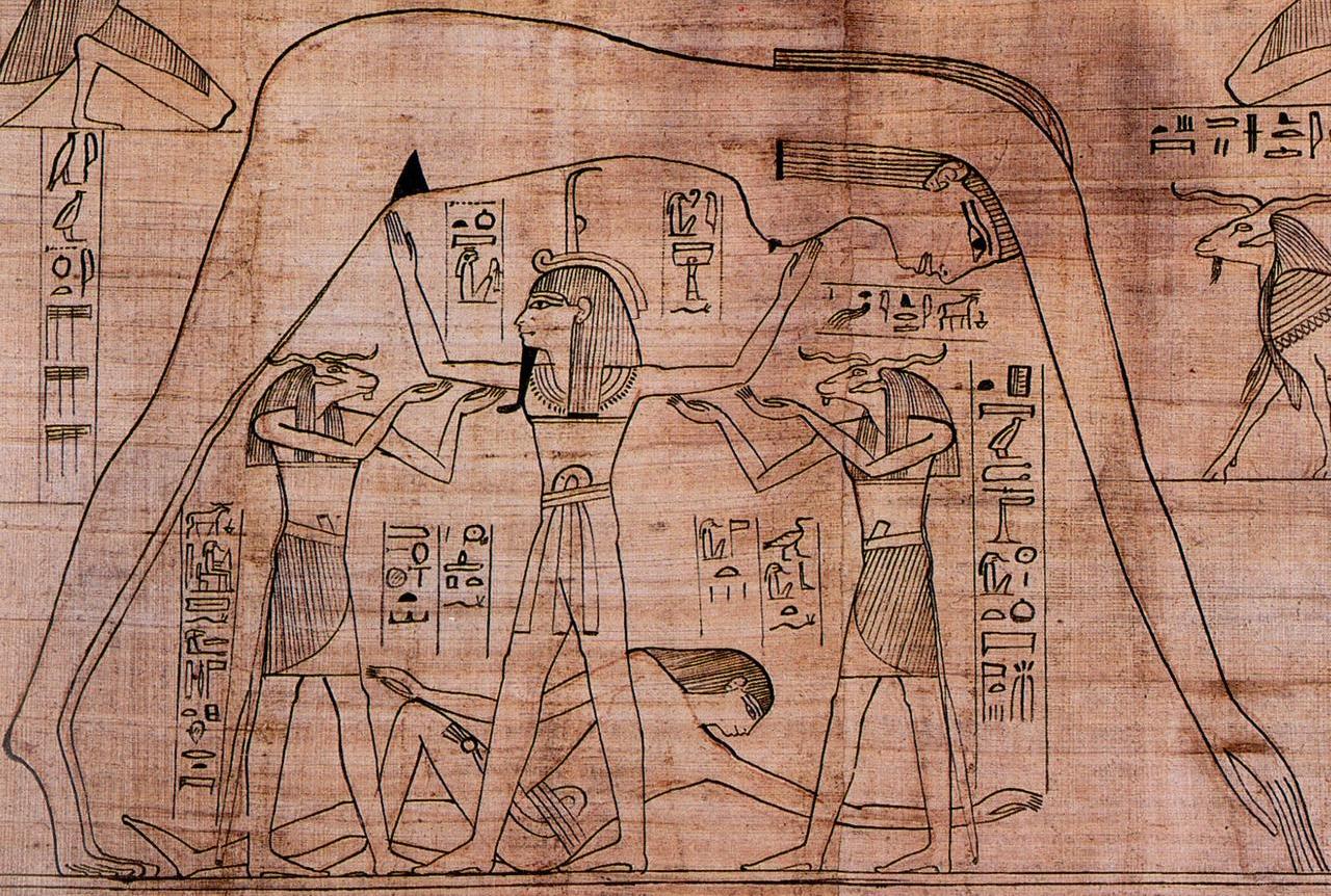 Scrivens_Ancient Egyptian Myth_Shu separating Geb and Nut_Greenfield Book of the Dead papyrus (BM ES 10554.87)